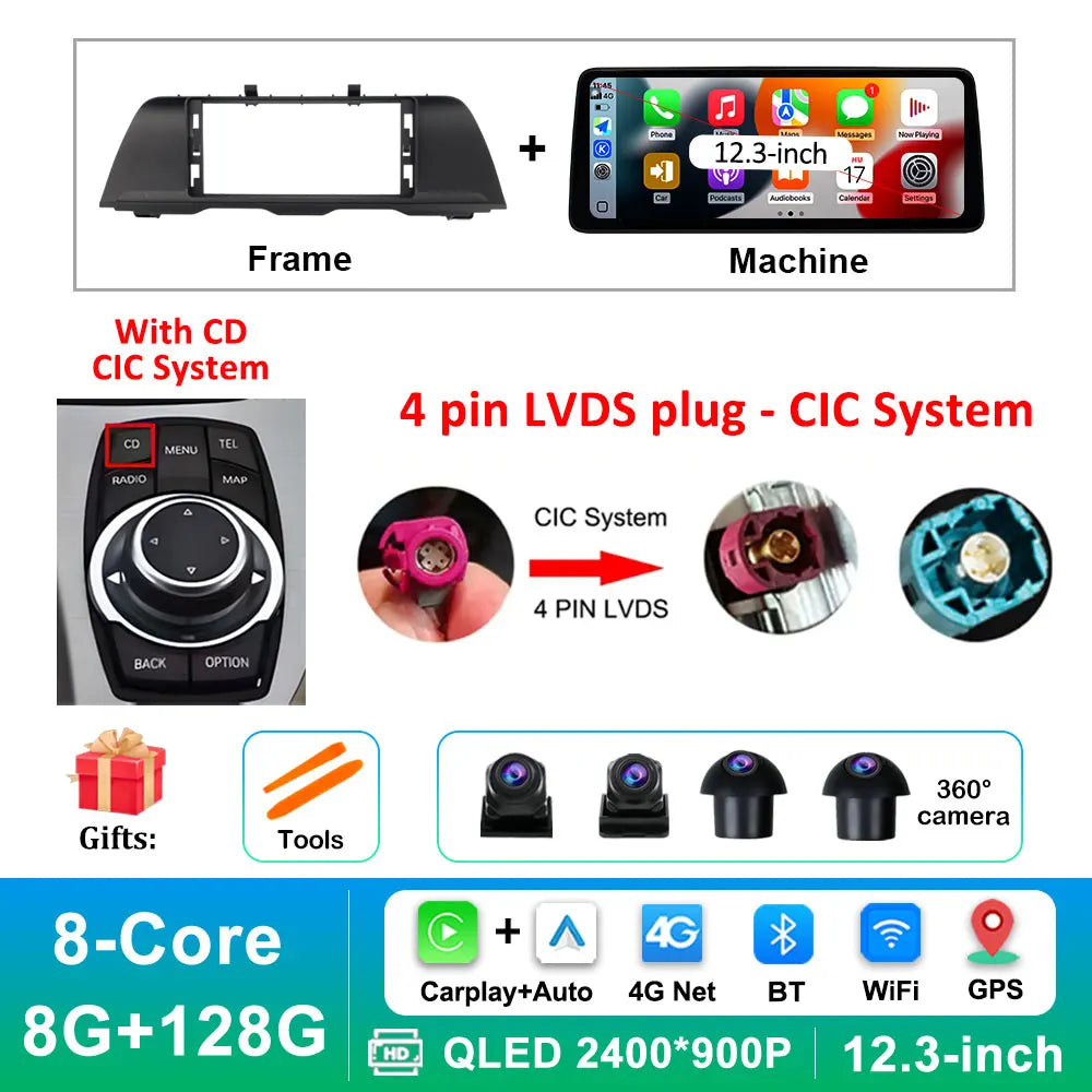 Android 14 Wireless Carplay Car Radio Multimedia Player for BMW 5 Series F10 F11 2010 - 2017 CIC NBT System QLED Screen GPS WiFi