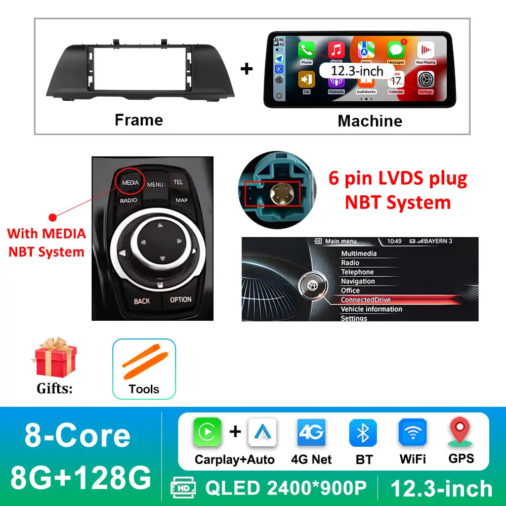 Android 14 Wireless Carplay Car Radio Multimedia Player for BMW 5 Series F10 F11 2010 - 2017 CIC NBT System QLED Screen GPS WiFi