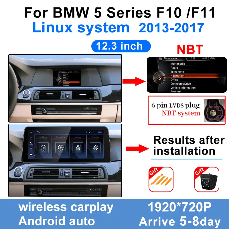 Wireless Carplay Android Auto Display Touch Screen For BMW 5series 520Li 523 525 530 F10 F11 CIC NBT Car Multimedia Video Player