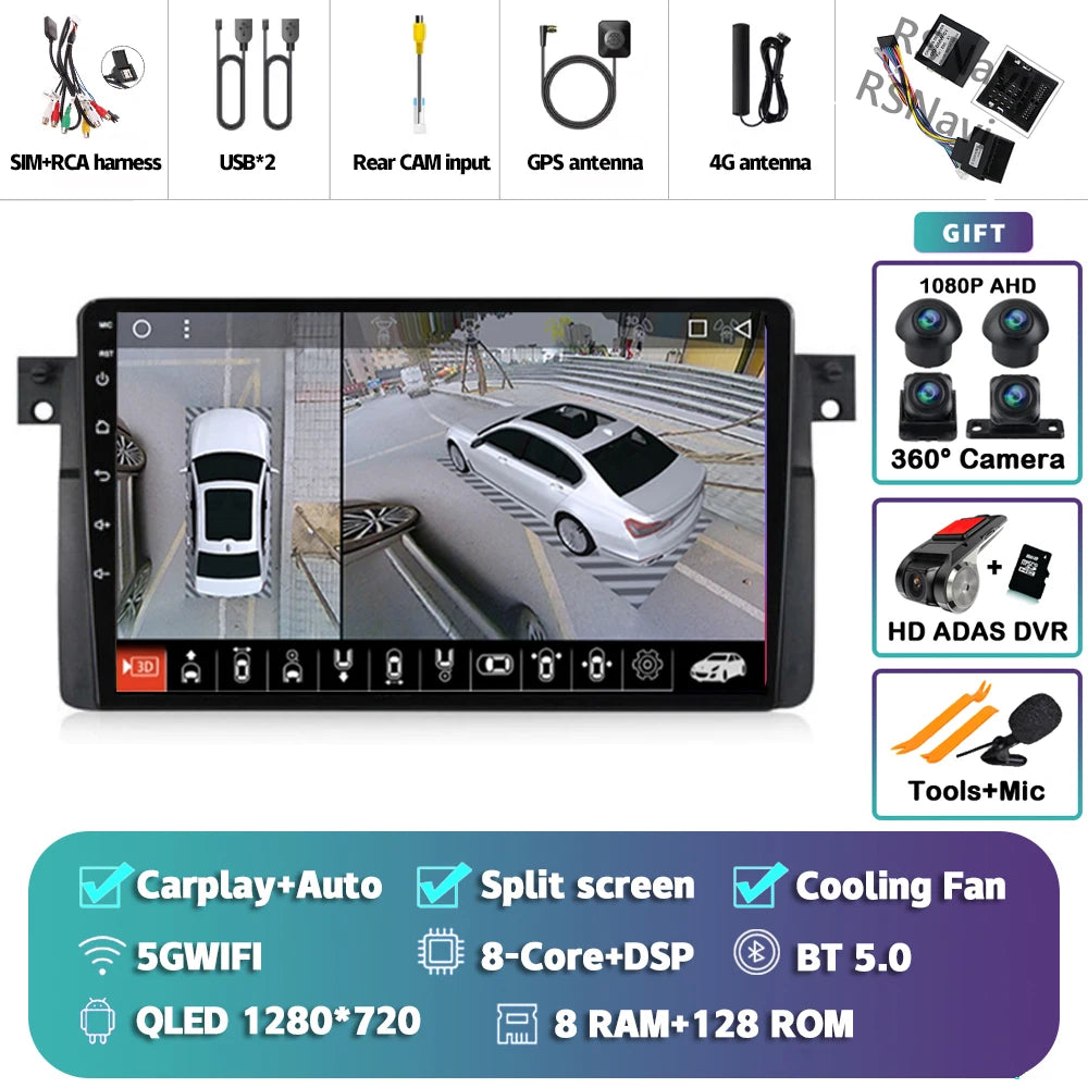 Android 14 Carplay Auto For BMW E46 M3 1998-2006 Car Radio Multimedia Video Player 2Din 4G+WIFI GPS Navigation Head Unit Stereo