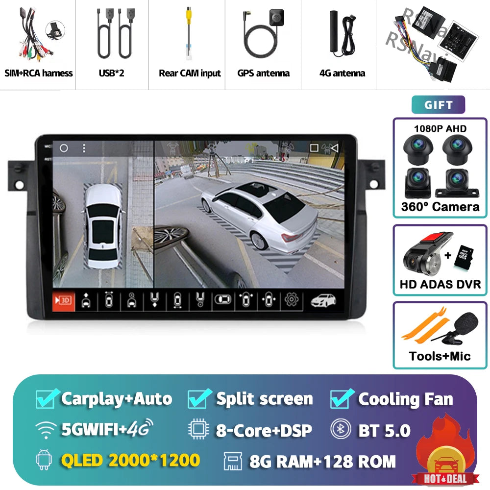 Android 14 Carplay Auto For BMW E46 M3 1998-2006 Car Radio Multimedia Video Player 2Din 4G+WIFI GPS Navigation Head Unit Stereo
