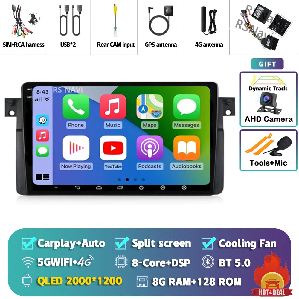 Android 14 Carplay Auto For BMW E46 M3 1998-2006 Car Radio Multimedia Video Player 2Din 4G+WIFI GPS Navigation Head Unit Stereo