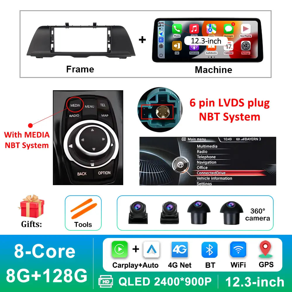 Android 14 Wireless Carplay Car Radio Multimedia Player for BMW 5 Series F10 F11 2010 - 2017 CIC NBT System QLED Screen GPS WiFi