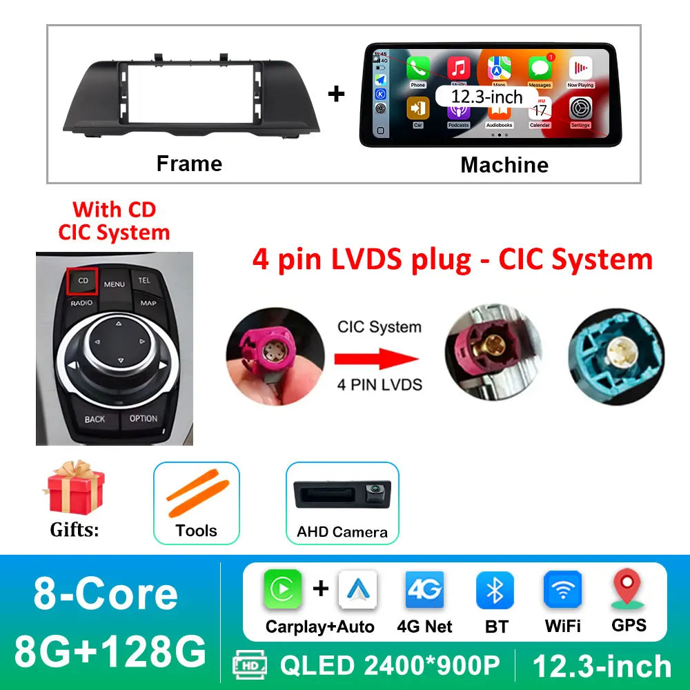 Android 14 Wireless Carplay Car Radio Multimedia Player for BMW 5 Series F10 F11 2010 - 2017 CIC NBT System QLED Screen GPS WiFi
