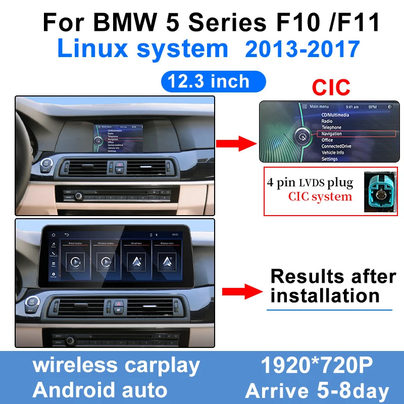 Wireless Carplay Android Auto Display Touch Screen For BMW 5series 520Li 523 525 530 F10 F11 CIC NBT Car Multimedia Video Player