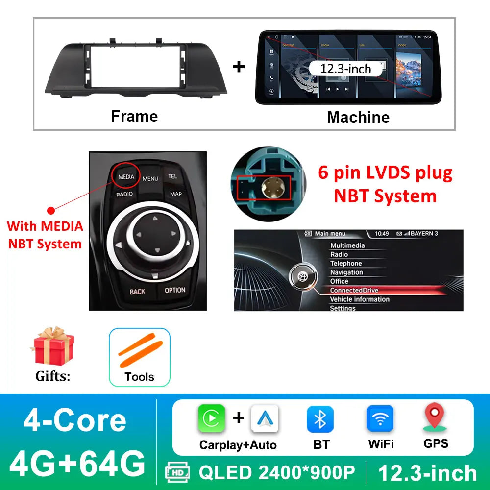 Android 14 Wireless Carplay Car Radio Multimedia Player for BMW 5 Series F10 F11 2010 - 2017 CIC NBT System QLED Screen GPS WiFi