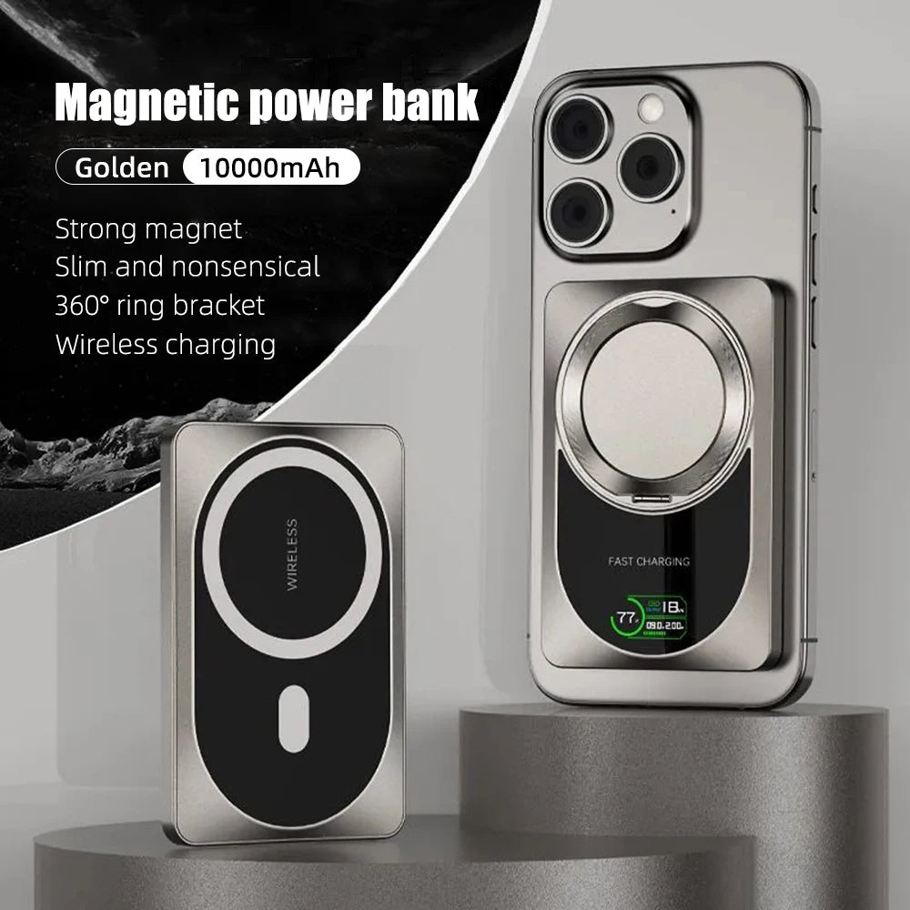PD20W Magnetic Powerbank TFT Color Screen 10000mah/37Wh With Bracket Aluminum Shell QI 15W Wireless Phone Portable Fast Charging