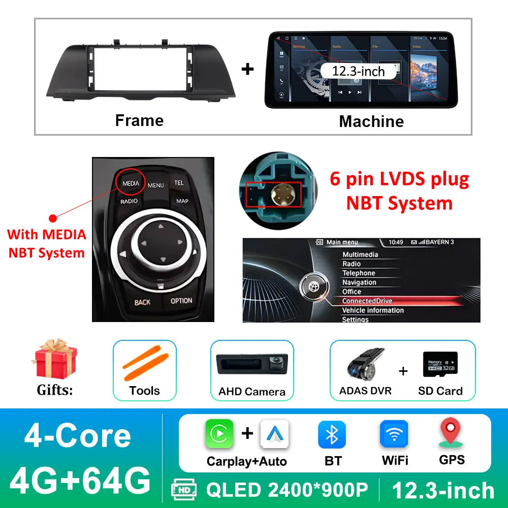 Android 14 Wireless Carplay Car Radio Multimedia Player for BMW 5 Series F10 F11 2010 - 2017 CIC NBT System QLED Screen GPS WiFi