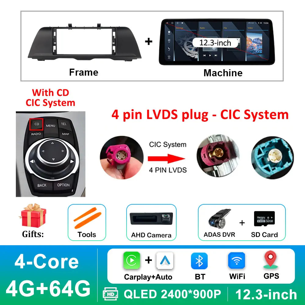 Android 14 Wireless Carplay Car Radio Multimedia Player for BMW 5 Series F10 F11 2010 - 2017 CIC NBT System QLED Screen GPS WiFi