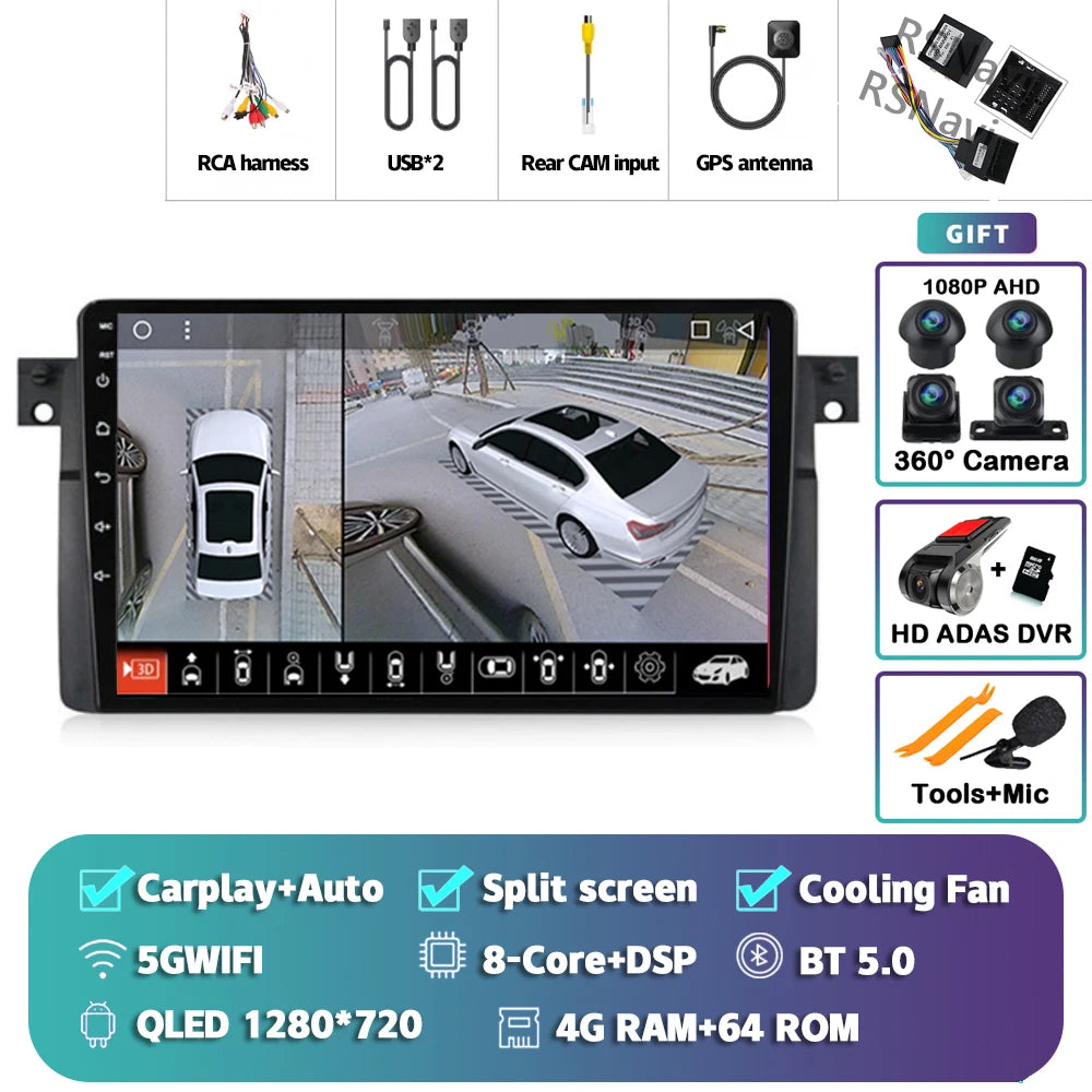 Android 14 Carplay Auto For BMW E46 M3 1998-2006 Car Radio Multimedia Video Player 2Din 4G+WIFI GPS Navigation Head Unit Stereo