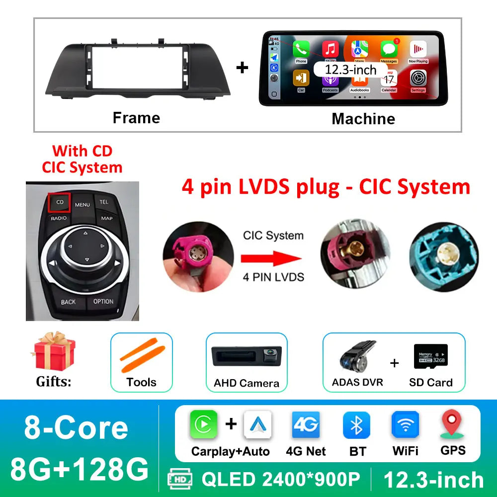 Android 14 Wireless Carplay Car Radio Multimedia Player for BMW 5 Series F10 F11 2010 - 2017 CIC NBT System QLED Screen GPS WiFi