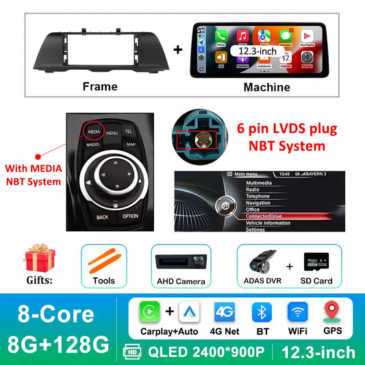 Android 14 Wireless Carplay Car Radio Multimedia Player for BMW 5 Series F10 F11 2010 - 2017 CIC NBT System QLED Screen GPS WiFi